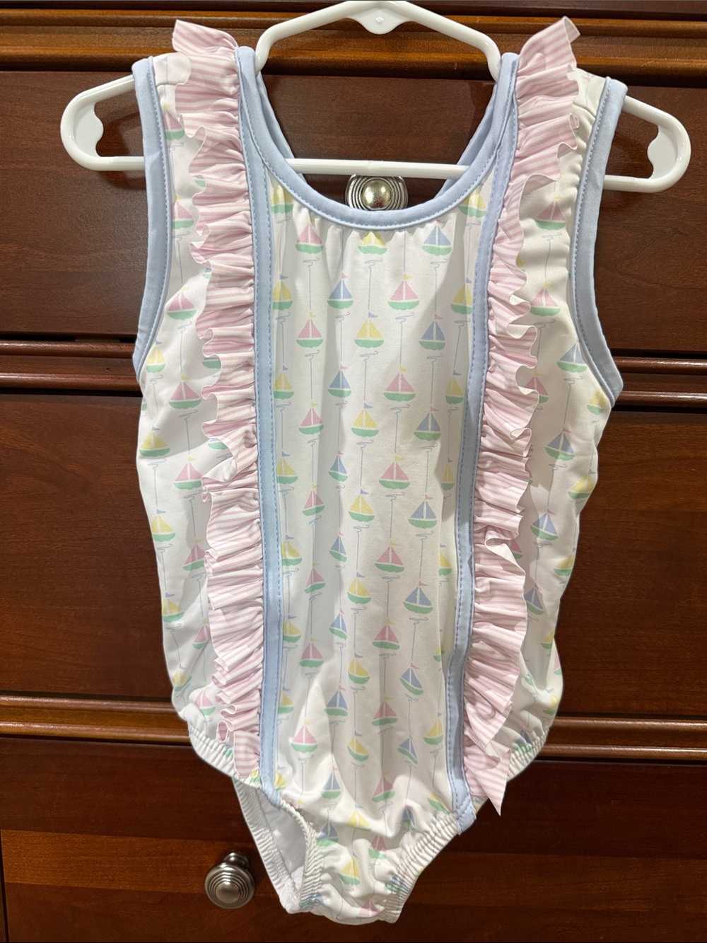 Girls' Pastel Sailboat Ruffle One-Piece Swimsuit - Pink & Light Blue